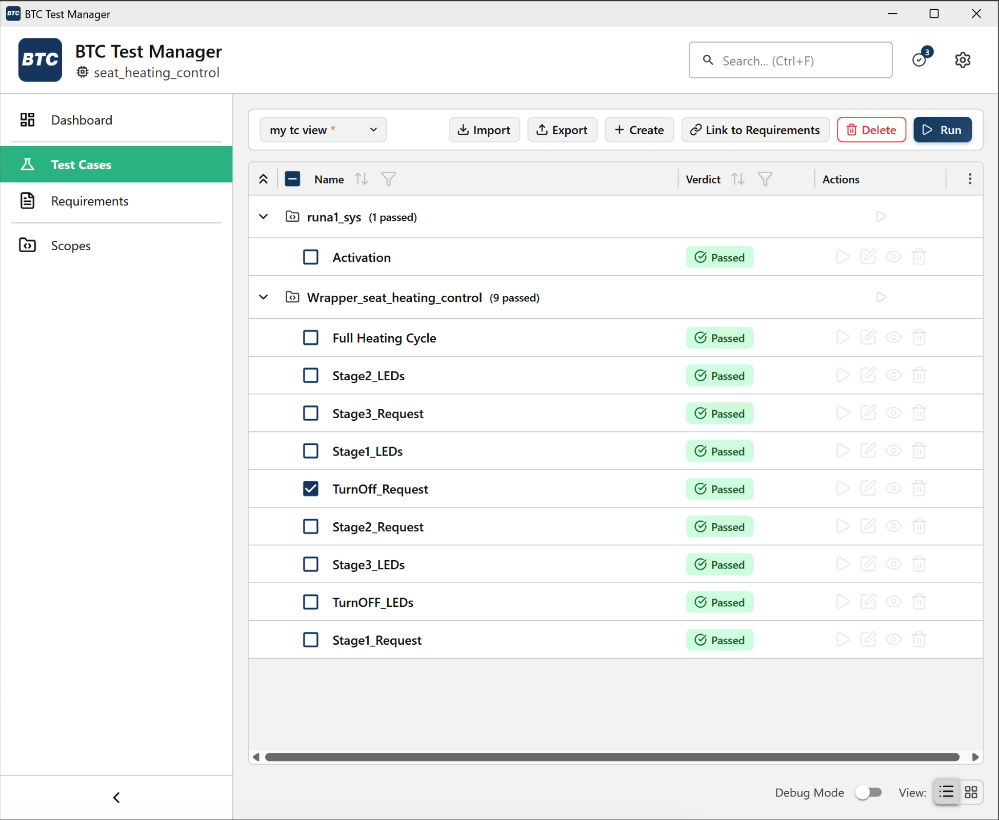 BTC Test Manager in 26.1 — test cases with pass/fail verdicts